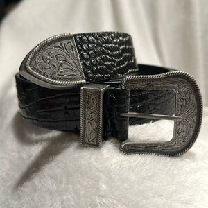 Beautiful Lauren Ralph Lauren Black Leather Belt, Western Motif Silver Buckle 1X